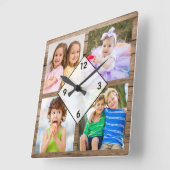 4枚の写真コラージュ レトロな木材 スクエア壁時計 (傾斜)