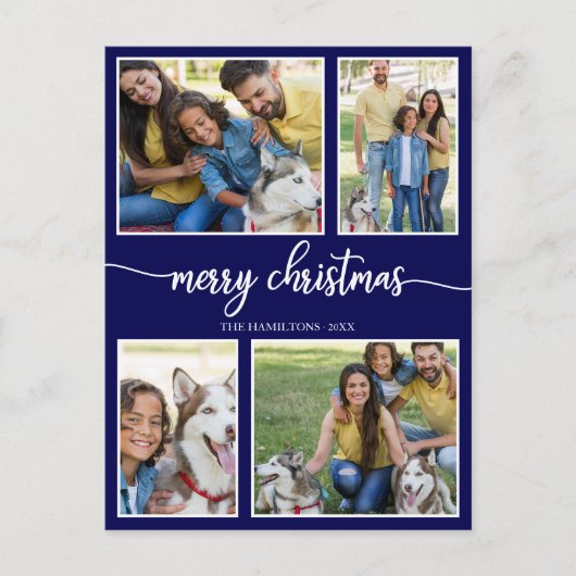 4枚の写真シンプルコラージュメリークリスマスブルー ポストカード (正面)