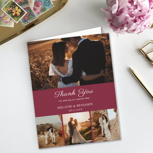4枚の写真バラピンクロマンチックな花サンキューカード 招待状