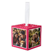 4枚の写真パーソナライズされたクリスマス記念レッド キューブオーナメント (正面アングル)