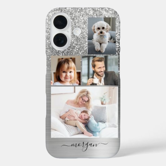 4枚の写真フェイク、つや消しシルバーメタル、グリッター、名前 Case-Mate iPhoneケース (裏面)