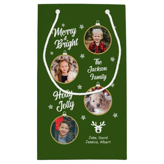 4枚の写真ホワイトクリスマスオーナメント緑 スモールペーパーバッグ (裏面)