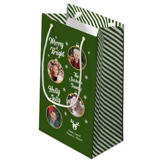 4枚の写真ホワイトクリスマスオーナメント緑 スモールペーパーバッグ (裏面アングル)