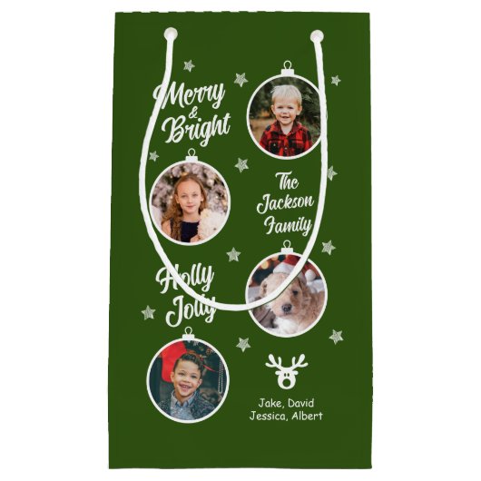 4枚の写真ホワイトクリスマスオーナメント緑 スモールペーパーバッグ (正面)