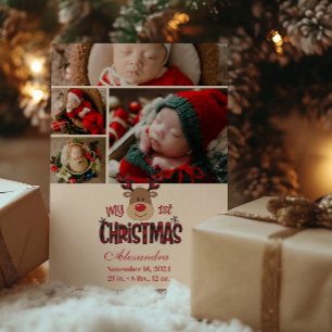 4枚の写真入りチェック柄のトナカイ 赤ちゃんの初めてのクリスマス シーズンカード