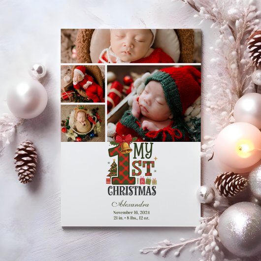4枚の写真入りチェック柄のファーストクリスマス シーズンカード