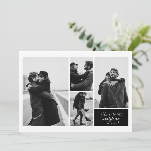 4枚の写真白黒タイポグラフィ結婚 招待状 (スタンド正面)