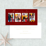 4枚の写真金ゴールドスクリプトBurgundyメリークリスマス シーズンカード<br><div class="desc">4写真金ゴールドスクリプトBurgundyメリークリスマス。デジタルおよび印刷で利用可能。そしてモダンミニマルな人で、メリースタイリッシュ・クリスマスの台本を用意した。サンプル写真を独自のおもしろい写真に置き換え、必要に応じて各側の残りの単語をカスタマイズする。</div>