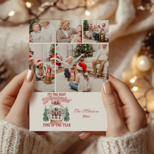 4枚の写真 ピンクのくるみ割り人形 クリスマスのウィンダーランド スノーグローブ シーズンカード
