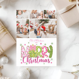 4枚の写真 ピンク グリーン リボン ツリー メリークリスマス シーズンカード