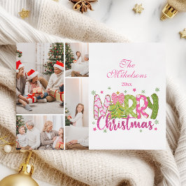 4枚の写真 ピンク グリーン リボン ツリー メリークリスマス シーズンカード