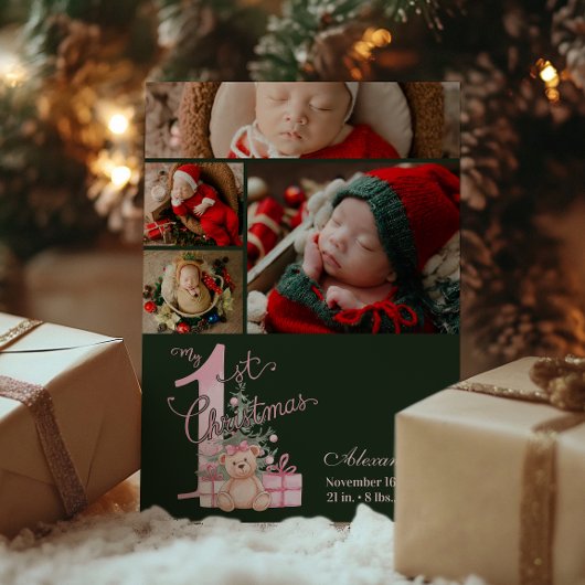 4枚の写真 ピンク グリーン 赤ちゃんの最初のクリスマス シーズンカード