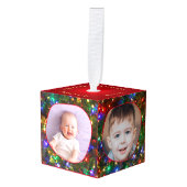 4枚の写真 ファミリー ネーム ぼかし クリスマス ライト キューブオーナメント (正面アングル)