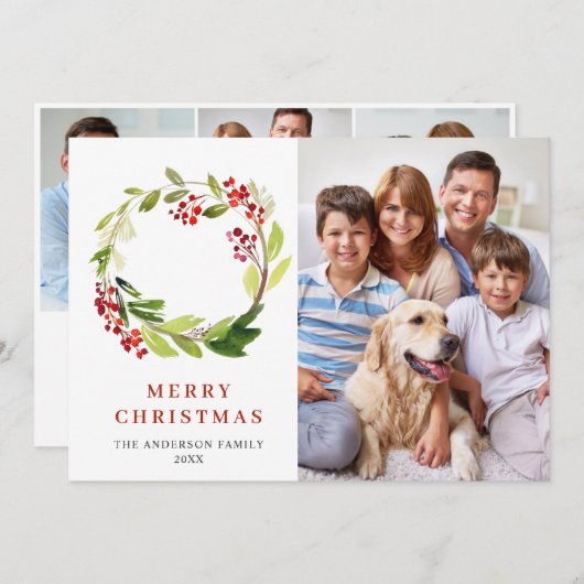 4枚の写真 ホリーベリーのリース クリスマスの挨拶 シーズンカード (正面/裏面)