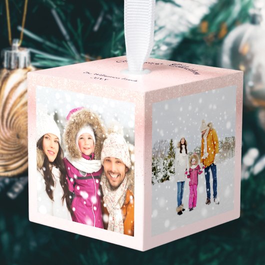 4枚の家族写真 メリークリスマス記念品 ピンク キューブオーナメント