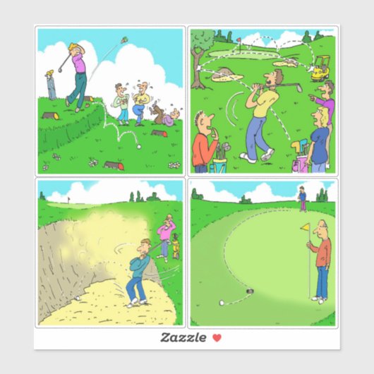 4枚セットの面白いゴルフ漫画 シール (シート)