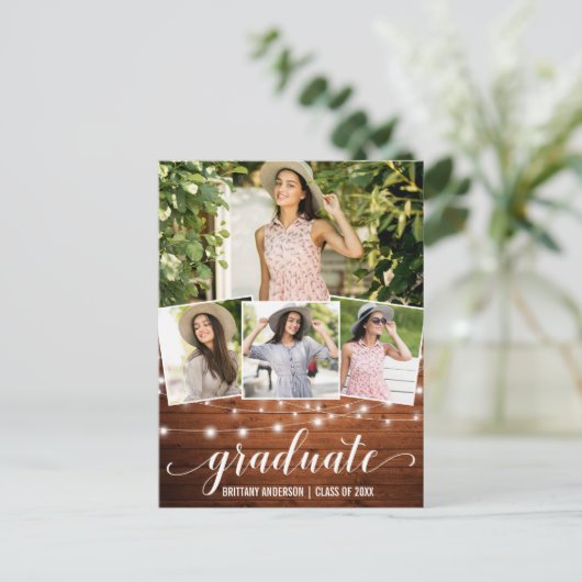 4枚モダンのフォトウッド・ライトの卒業発表 インビテーションポストカード (スタンド正面)