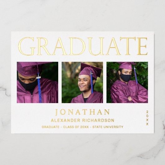 4枚モダンのフォトフォイル卒業発表（白） 箔招待状 (正面)