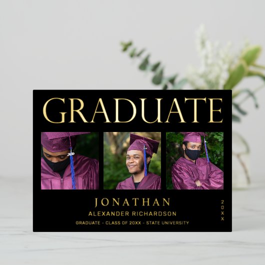 4枚モダンのフォトフォイル卒業発表（黒）  箔招待状 (立ち正面)