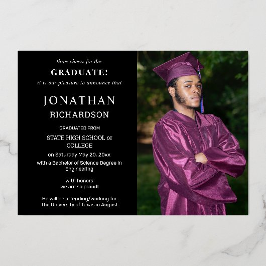 4枚モダンのフォトフォイル卒業発表（黒）  箔招待状 (裏面)