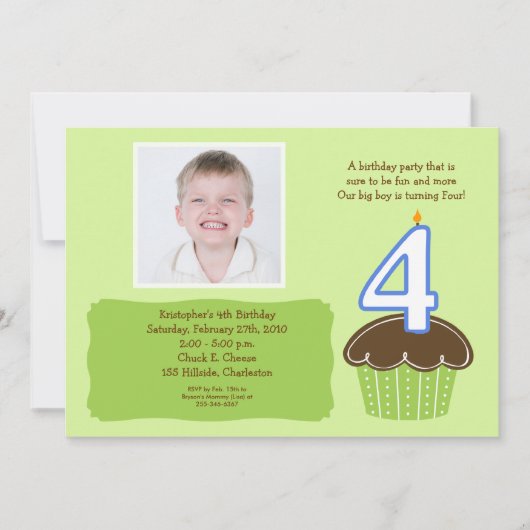 4歳のカップケーキ フォト バースデー インビテ 招待状 (正面)