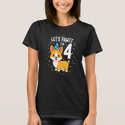 4歳のコーギー犬 4歳の誕生日パーティーの服 Ki Tシャツ (正面)