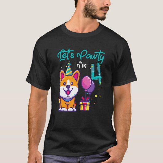 4歳のコーギー犬 4歳の誕生日パーティーを開こう Tシャツ (正面)
