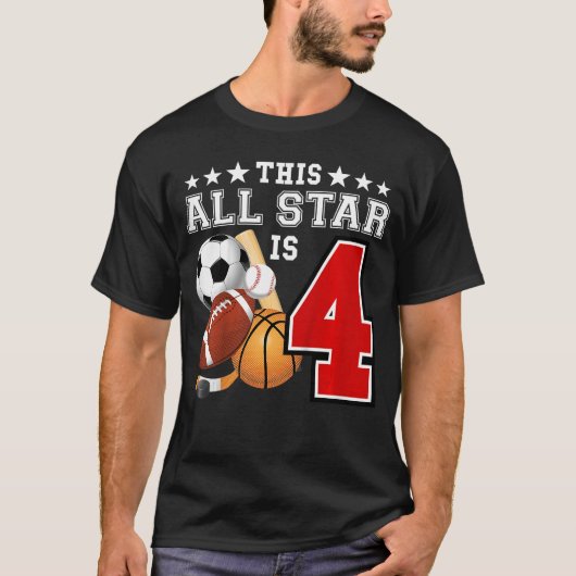 4歳のスポーツスター誕生日パーティー オールスポーツ 4歳 Tシャツ (正面)