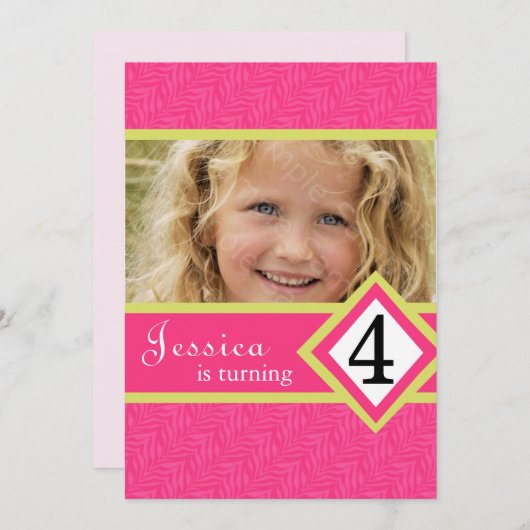 4歳のバースデーパーティ招待状のシマウマの女の子 招待状 (正面/裏面)