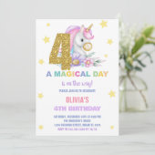 4歳のユニコーンの誕生日招待状 花のデザイン 招待状 (スタンド正面)
