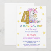 4歳のユニコーンの誕生日招待状 花のデザイン 招待状 (正面/裏面)