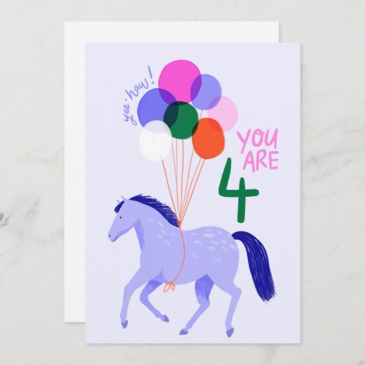 4歳の古い誕生日カード(馬と風船) シーズンカード (正面/裏面)