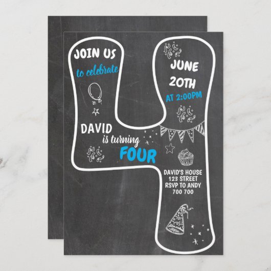 4歳の少年の黒板青の数字 招待状 (正面/裏面)