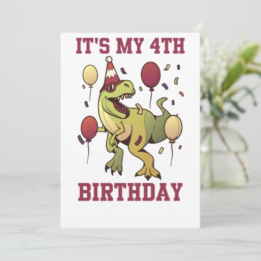 4歳の恐竜の誕生日4歳のパーティー少年 招待状 (スタンド正面)
