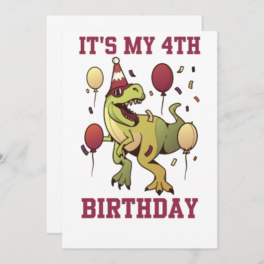 4歳の恐竜の誕生日4歳のパーティー少年 招待状 (正面/裏面)