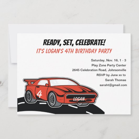 4歳の男の子のための赤いレースカーの誕生日パーティー 招待状 (正面)