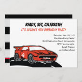 4歳の男の子のための赤いレースカーの誕生日パーティー 招待状 (正面/裏面)