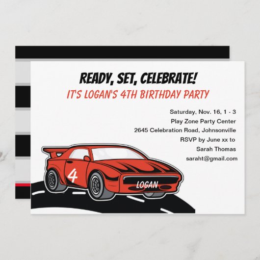4歳の男の子のための赤いレースカーの誕生日パーティー 招待状 (正面/裏面)