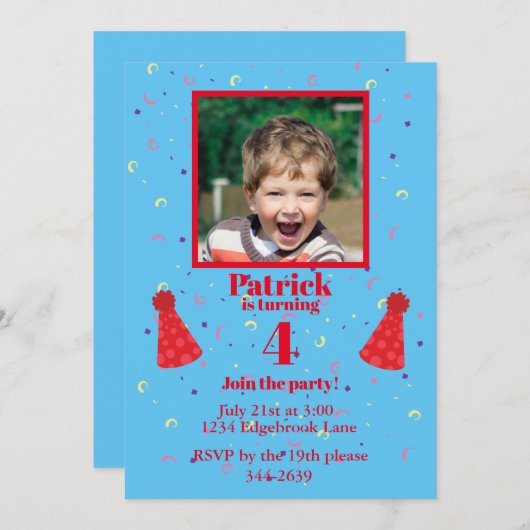 4歳の男の子の紙吹雪の青い誕生日パーティー 招待状 (正面/裏面)