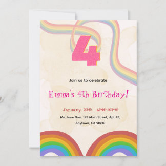 4歳の虹色の女の子の誕生日招待状 招待状