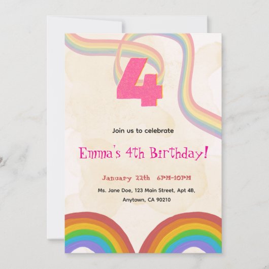 4歳の虹色の女の子の誕生日招待状 招待状 (正面)