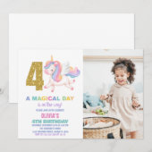 4歳の虹色ユニコーンの誕生日招待状（写真付き） 招待状 (正面/裏面)