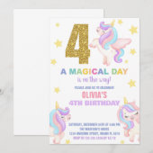 4歳の虹色ユニコーン誕生日招待状フライ 招待状 (正面/裏面)