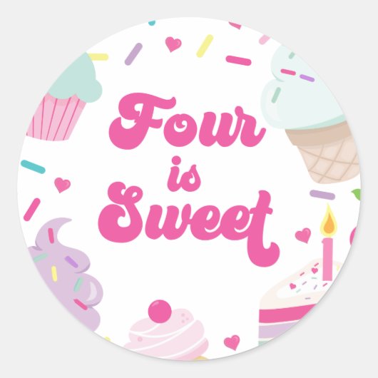 4歳の誕生日おめでとう!アイスクリームとケーキ ラウンドシール (正面)