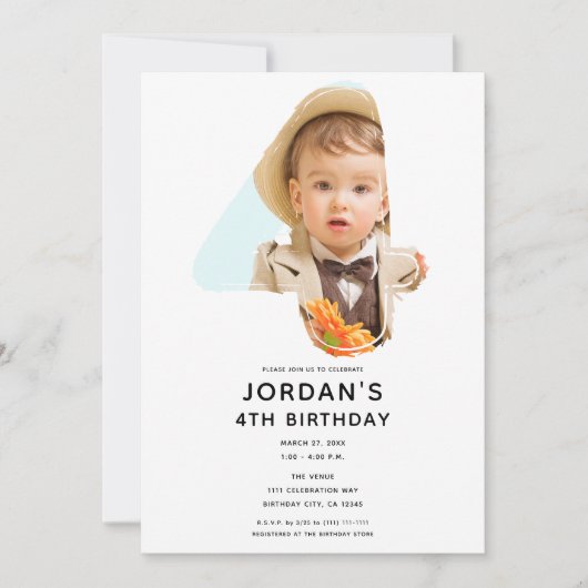 4歳の誕生日おめでとう！フォースフォー フォト 招待状 (正面)