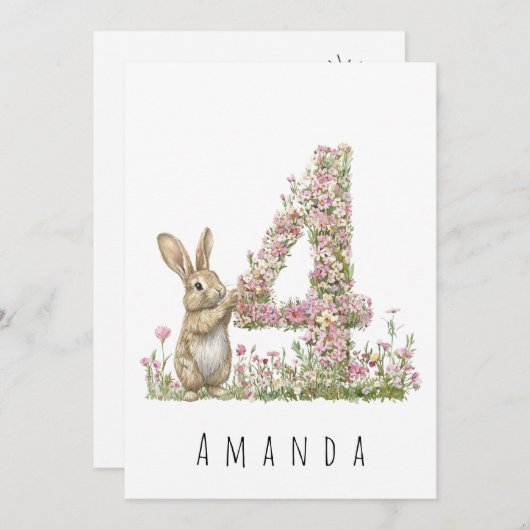 4歳の誕生日おめでとう フラワーフォー&ウサギのカード 招待状 (正面/裏面)