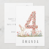 4歳の誕生日おめでとう フラワーフォー＆ホワイトうさぎカード 招待状 (正面/裏面)