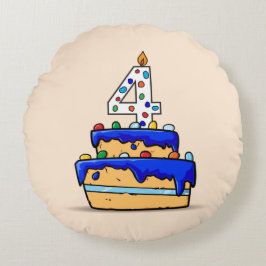 4歳の誕生日おめでとう ブルーのケーキに4歳の文字 ラウンドクッション