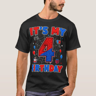 4歳の誕生日おめでとう 少年 クモの巣 テーマパーティー 4 Tシャツ