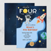 4歳の誕生日おめでとう!星をめざす宇宙パーティーの招待状 招待状 (正面/裏面)